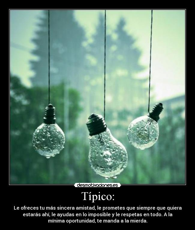 Típico: - Le ofreces tu más sincera amistad, le prometes que siempre que quiera
estarás ahí, le ayudas en lo imposible y le respetas en todo. A la
mínima oportunidad, te manda a la mierda.