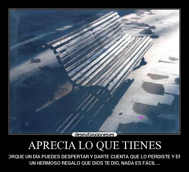 APRECIA LO QUE TIENES - PORQUE UN DÍA PUEDES DESPERTAR Y DARTE CUENTA QUE LO PERDISTE Y ERA
UN HERMOSO REGALO QUE DIOS TE DIO, NADA ES FÁCIL ...