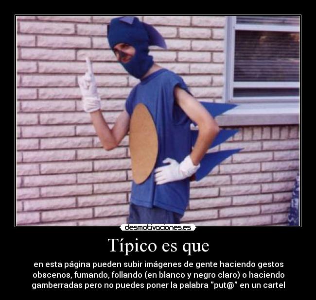Típico es que - en esta página pueden subir imágenes de gente haciendo gestos
obscenos, fumando, follando (en blanco y negro claro) o haciendo
gamberradas pero no puedes poner la palabra put@ en un cartel