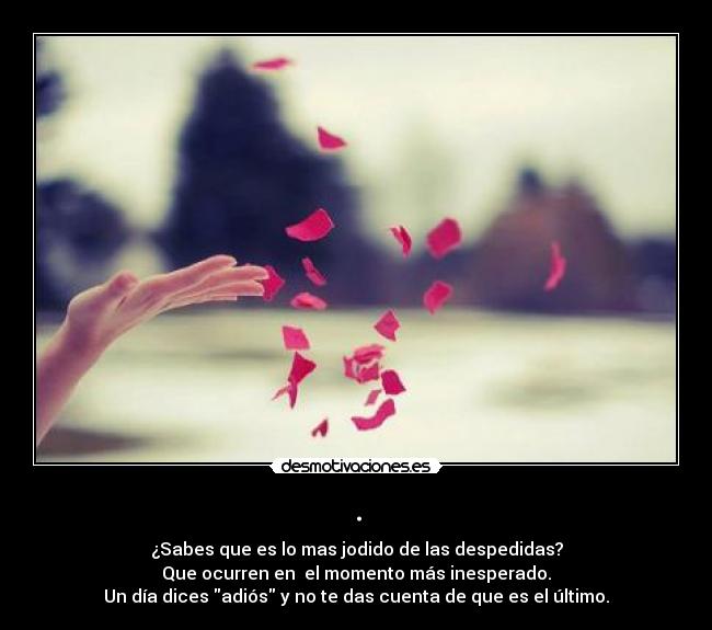 . - ¿Sabes que es lo mas jodido de las despedidas?
Que ocurren en el momento más inesperado.
Un día dices adiós y no te das cuenta de que es el último.