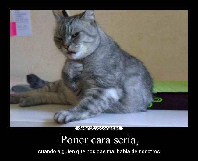 Poner cara seria, - cuando alguien que nos cae mal habla de nosotros.
