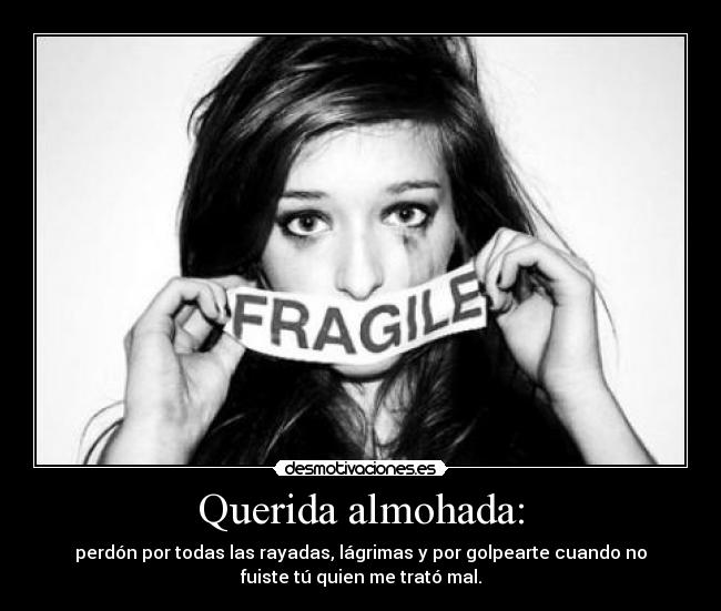 Querida almohada: - perdón por todas las rayadas, lágrimas y por golpearte cuando no
fuiste tú quien me trató mal.