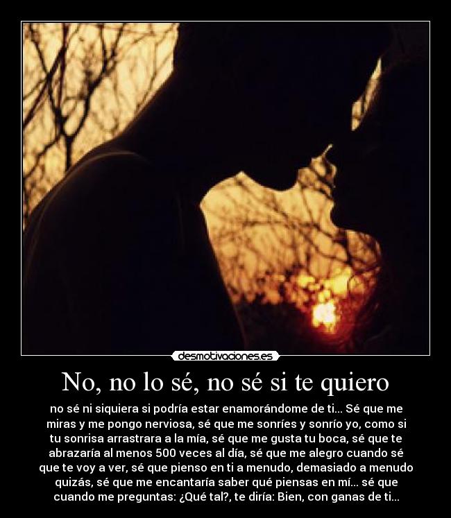 No, no lo sé, no sé si te quiero - no sé ni siquiera si podría estar enamorándome de ti... Sé que me
miras y me pongo nerviosa, sé que me sonríes y sonrío yo, como si
tu sonrisa arrastrara a la mía, sé que me gusta tu boca, sé que te
abrazaría al menos 500 veces al día, sé que me alegro cuando sé
que te voy a ver, sé que pienso en ti a menudo, demasiado a menudo
quizás, sé que me encantaría saber qué piensas en mí... sé que
cuando me preguntas: ¿Qué tal?, te diría: Bien, con ganas de ti...
