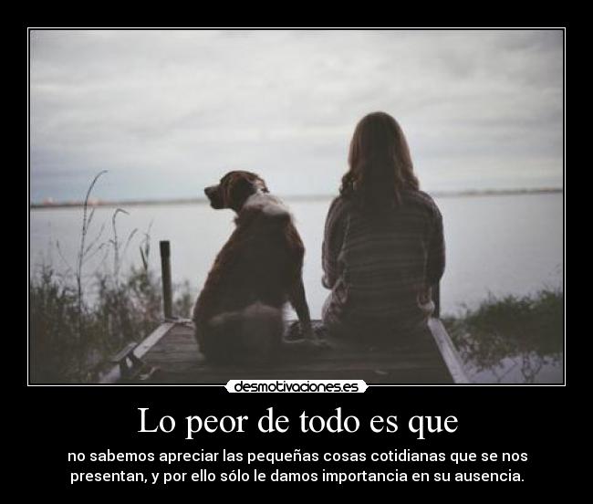 Lo peor de todo es que - no sabemos apreciar las pequeñas cosas cotidianas que se nos
presentan, y por ello sólo le damos importancia en su ausencia.