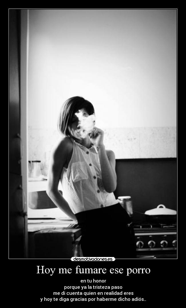 Hoy me fumare ese porro - en tu honor
porque ya la tristeza paso
me di cuenta quien en realidad eres
y hoy te diga gracias por haberme dicho adiós..