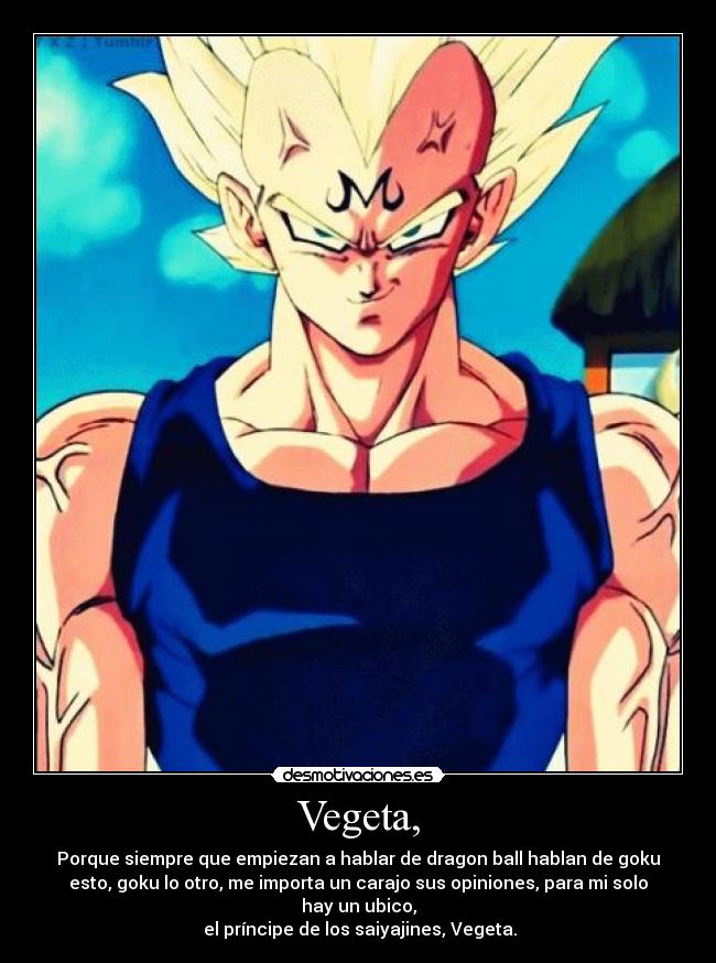 Vegeta, - Porque siempre que empiezan a hablar de dragon ball hablan de goku
esto, goku lo otro, me importa un carajo sus opiniones, para mi solo
hay un ubico,
 el príncipe de los saiyajines, Vegeta.