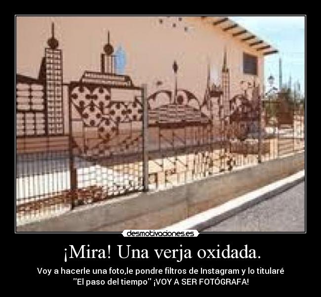 ¡Mira! Una verja oxidada. - Voy a hacerle una foto,le pondre filtros de Instagram y lo titularé
El paso del tiempo ¡VOY A SER FOTÓGRAFA!