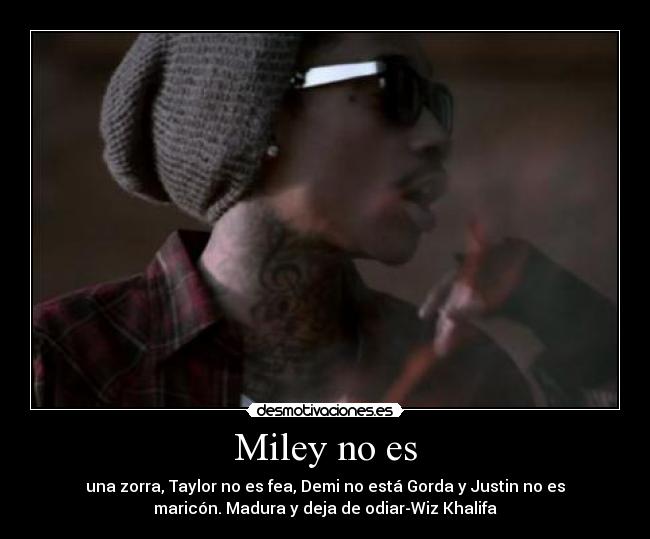 Miley no es - una zorra, Taylor no es fea, Demi no está Gorda y Justin no es
maricón. Madura y deja de odiar-Wiz Khalifa