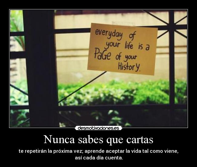Nunca sabes que cartas - te repetirán la próxima vez; aprende aceptar la vida tal como viene,
así cada día cuenta.