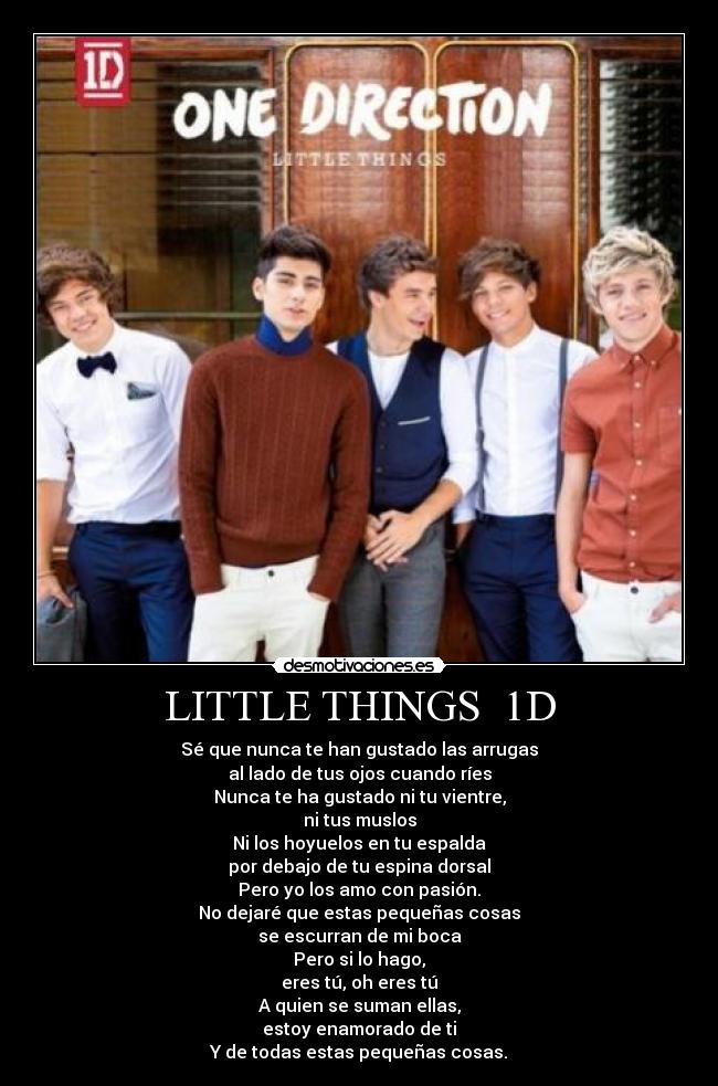 LITTLE THINGS  1D - Sé que nunca te han gustado las arrugas
al lado de tus ojos cuando ríes
Nunca te ha gustado ni tu vientre,
ni tus muslos
Ni los hoyuelos en tu espalda
por debajo de tu espina dorsal
Pero yo los amo con pasión.
No dejaré que estas pequeñas cosas
se escurran de mi boca
Pero si lo hago,
eres tú, oh eres tú
A quien se suman ellas,
estoy enamorado de ti
Y de todas estas pequeñas cosas.