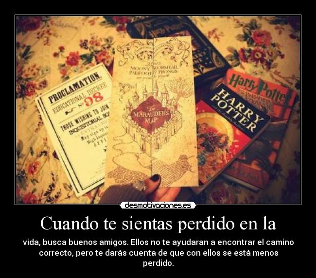 Cuando te sientas perdido en la - vida, busca buenos amigos. Ellos no te ayudaran a encontrar el camino
correcto, pero te darás cuenta de que con ellos se está menos
perdido.