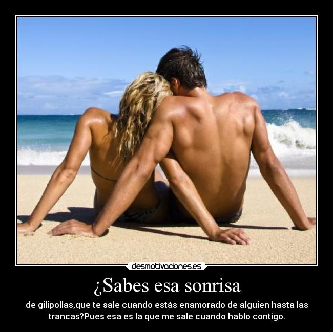 ¿Sabes esa sonrisa - de gilipollas,que te sale cuando estás enamorado de alguien hasta las
trancas?Pues esa es la que me sale cuando hablo contigo.