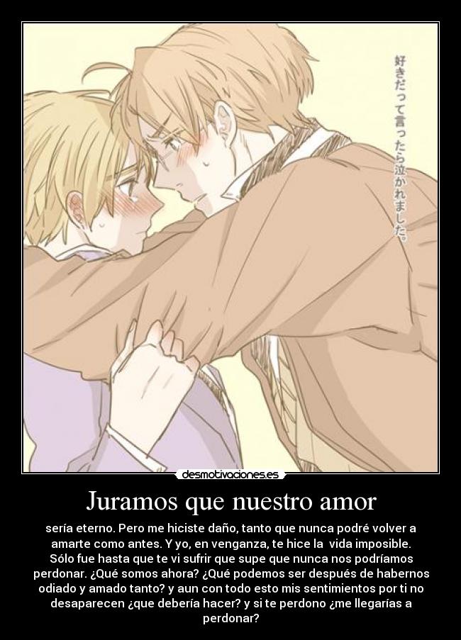 Juramos que nuestro amor - sería eterno. Pero me hiciste daño, tanto que nunca podré volver a
amarte como antes. Y yo, en venganza, te hice la vida imposible.
Sólo fue hasta que te vi sufrir que supe que nunca nos podríamos
perdonar. ¿Qué somos ahora? ¿Qué podemos ser después de habernos
odiado y amado tanto? y aun con todo esto mis sentimientos por ti no
desaparecen ¿que debería hacer? y si te perdono ¿me llegarías a
perdonar?