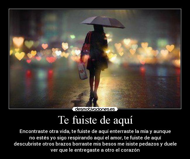 Te fuiste de aquí - Encontraste otra vida, te fuiste de aquí enterraste la mía y aunque
no estés yo sigo respirando aquí el amor, te fuiste de aquí
descubriste otros brazos borraste mis besos me isiste pedazos y duele
ver que le entregaste a otro el corazón