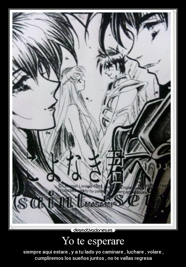 Yo te esperare - siempre aqui estare , y a tu lado yo caminare , luchare , volare ,
cumpliremos los sueños juntos , no te vallas regresa