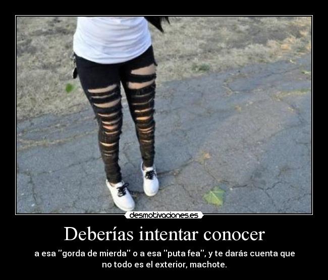 Deberías intentar conocer - a esa gorda de mierda o a esa puta fea, y te darás cuenta que
no todo es el exterior, machote.