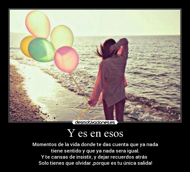 Y es en esos - Momentos de la vida donde te das cuenta que ya nada
tiene sentido y que ya nada sera igual.
Y te cansas de insistir, y dejar recuerdos atrás 
Solo tienes que olvidar ,porque es tu única salida!