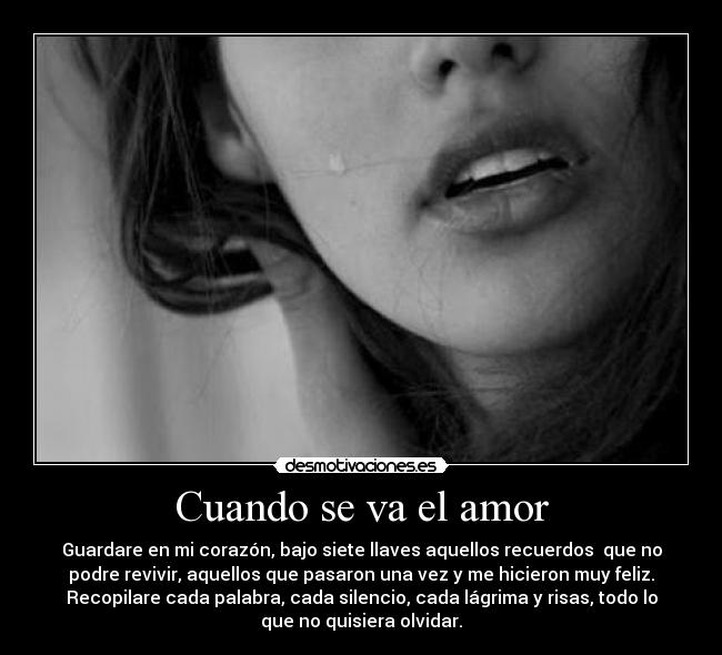 Cuando se va el amor - Guardare en mi corazón, bajo siete llaves aquellos recuerdos  que no
podre revivir, aquellos que pasaron una vez y me hicieron muy feliz.
Recopilare cada palabra, cada silencio, cada lágrima y risas, todo lo
que no quisiera olvidar.