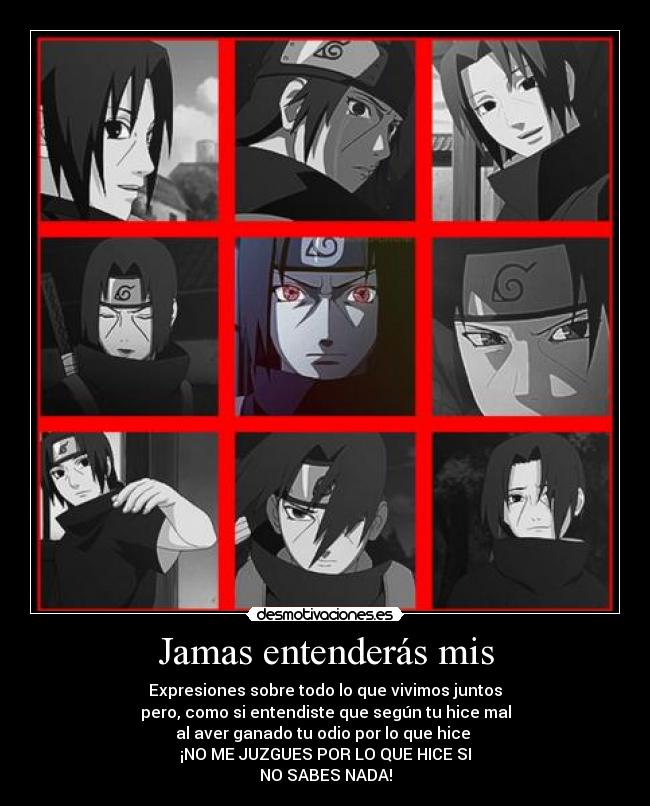 Jamas entenderás mis - Expresiones sobre todo lo que vivimos juntos
pero, como si entendiste que según tu hice mal
al aver ganado tu odio por lo que hice 
¡NO ME JUZGUES POR LO QUE HICE SI
NO SABES NADA!