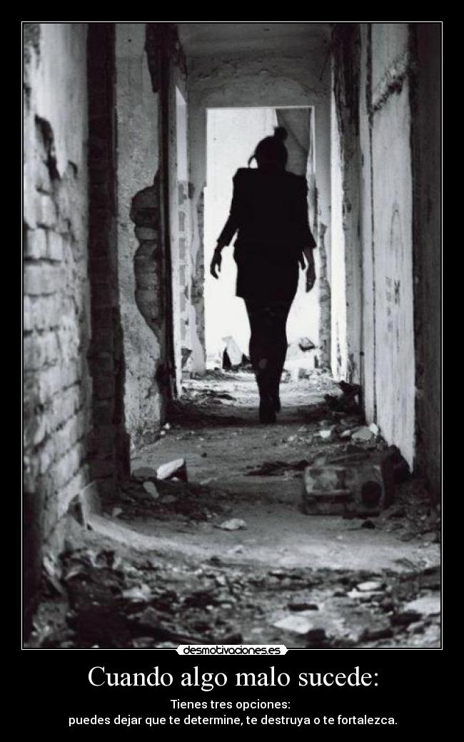 Cuando algo malo sucede: - Tienes tres opciones: 
puedes dejar que te determine, te destruya o te fortalezca.