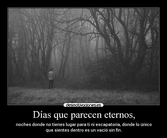 Días que parecen eternos, - noches donde no tienes lugar para ti ni escapatoria, donde lo único
que sientes dentro es un vació sin fin.