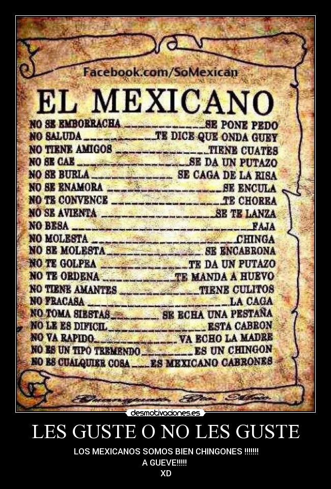 LES GUSTE O NO LES GUSTE - LOS MEXICANOS SOMOS BIEN CHINGONES !!!!!!!
A GUEVE!!!!! 
XD
