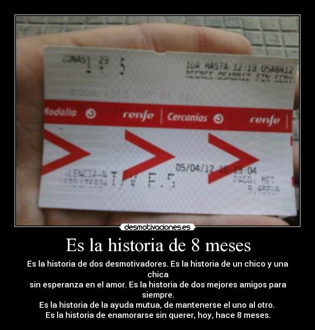 Es la historia de 8 meses - Es la historia de dos desmotivadores. Es la historia de un chico y una chica
sin esperanza en el amor. Es la historia de dos mejores amigos para siempre.
Es la historia de la ayuda mutua, de mantenerse el uno al otro.
Es la historia de enamorarse sin querer, hoy, hace 8 meses.