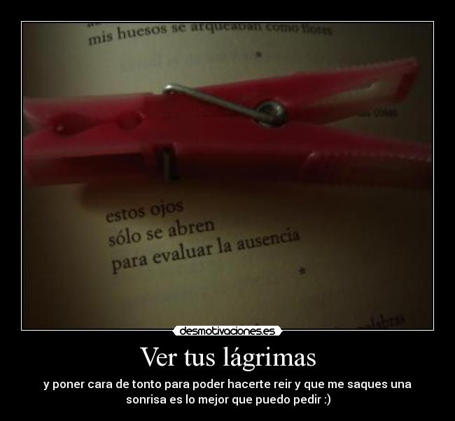 Ver tus lágrimas - y poner cara de tonto para poder hacerte reir y que me saques una
sonrisa es lo mejor que puedo pedir :)
