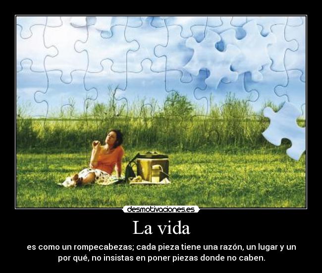 La vida - es como un rompecabezas; cada pieza tiene una razón, un lugar y un
por qué, no insistas en poner piezas donde no caben.