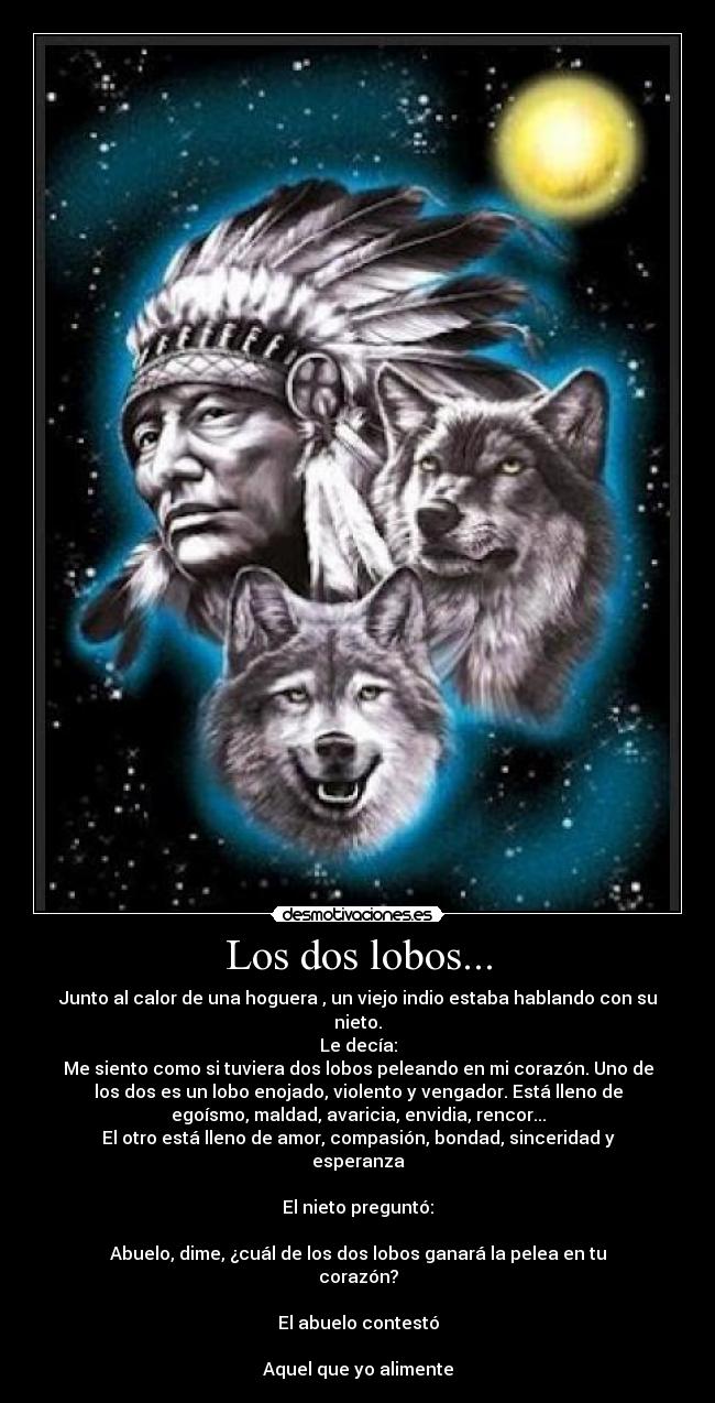 Los dos lobos... - Junto al calor de una hoguera , un viejo indio estaba hablando con su
nieto.
Le decía:
Me siento como si tuviera dos lobos peleando en mi corazón. Uno de
los dos es un lobo enojado, violento y vengador. Está lleno de
egoísmo, maldad, avaricia, envidia, rencor...
El otro está lleno de amor, compasión, bondad, sinceridad y
esperanza

El nieto preguntó:

Abuelo, dime, ¿cuál de los dos lobos ganará la pelea en tu
corazón?

El abuelo contestó

Aquel que yo alimente