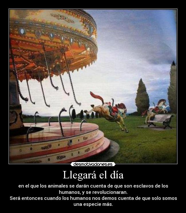 Llegará el día - en el que los animales se darán cuenta de que son esclavos de los
humanos, y se revolucionaran.
Será entonces cuando los humanos nos demos cuenta de que solo somos
una especie más.