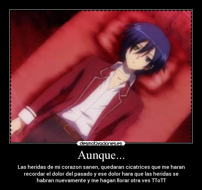Aunque... - Las heridas de mi corazon sanen, quedaran cicatrices que me haran
recordar el dolor del pasado y ese dolor hara que las heridas se
habran nuevamente y me hagan llorar otra ves TToTT