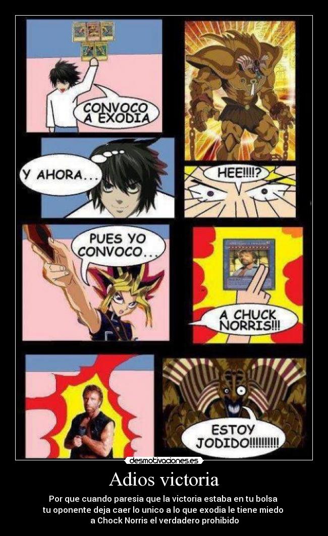 Adios victoria - Por que cuando paresia que la victoria estaba en tu bolsa
tu oponente deja caer lo unico a lo que exodia le tiene miedo
a Chock Norris el verdadero prohibido