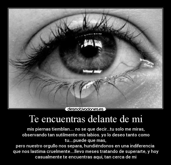 Te encuentras delante de mi - mis piernas tiemblan.... no se que decir...tu solo me miras,
observando tan sutilmente mis labios. yo lo deseo tanto como
tu....puede que mas,
pero nuestro orgullo nos separa, hundiéndonos en una indiferencia 
que nos lastima cruelmente....llevo meses tratando de superarte, y hoy
casualmente te encuentras aqui, tan cerca de mi