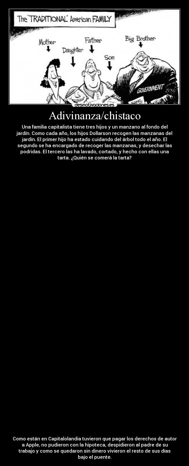 Adivinanza/chistaco - Una familia capitalista tiene tres hijos y un manzano al fondo del
jardín. Como cada año, los hijos Dollarson recogen las manzanas del
jardín. El primer hijo ha estado cuidando del árbol todo el año. El
segundo se ha encargado de recoger las manzanas, y desechar las
podridas. El tercero las ha lavado, cortado, y hecho con ellas una
tarta. ¿Quién se comerá la tarta?
Como están en Capitalolandia tuvieron que pagar los derechos de autor
a Apple, no pudieron con la hipoteca, despidieron al padre de su
trabajo y como se quedaron sin dinero vivieron el resto de sus días
bajo el puente.