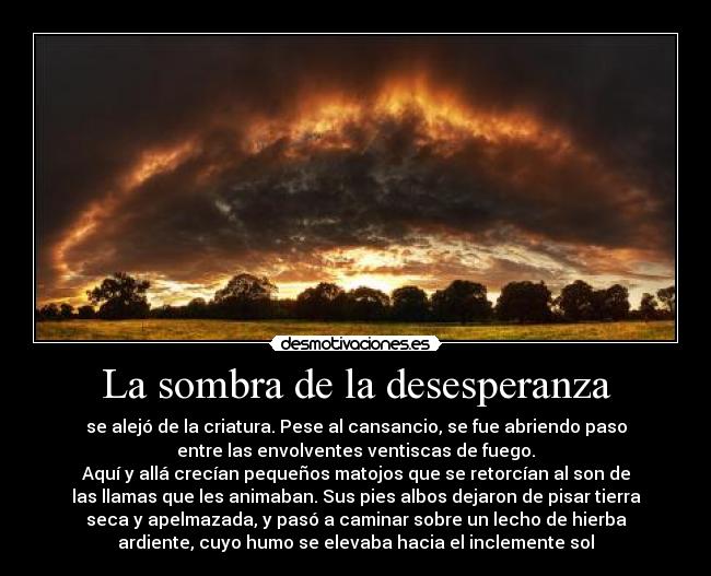 La sombra de la desesperanza - se alejó de la criatura. Pese al cansancio, se fue abriendo paso
entre las envolventes ventiscas de fuego.
Aquí y allá crecían pequeños matojos que se retorcían al son de
las llamas que les animaban. Sus pies albos dejaron de pisar tierra
seca y apelmazada, y pasó a caminar sobre un lecho de hierba
ardiente, cuyo humo se elevaba hacia el inclemente sol