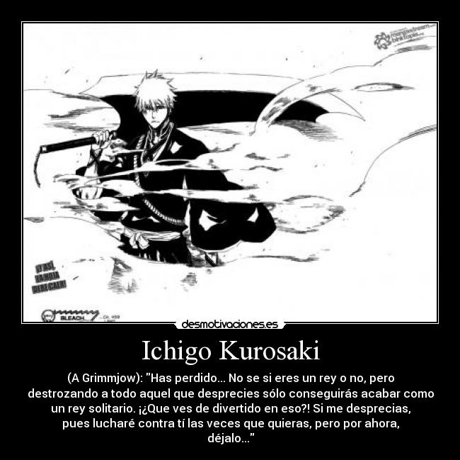 Ichigo Kurosaki - (A Grimmjow): Has perdido... No se si eres un rey o no, pero
destrozando a todo aquel que desprecies sólo conseguirás acabar como
un rey solitario. ¡¿Que ves de divertido en eso?! Si me desprecias,
pues lucharé contra tí las veces que quieras, pero por ahora,
déjalo...