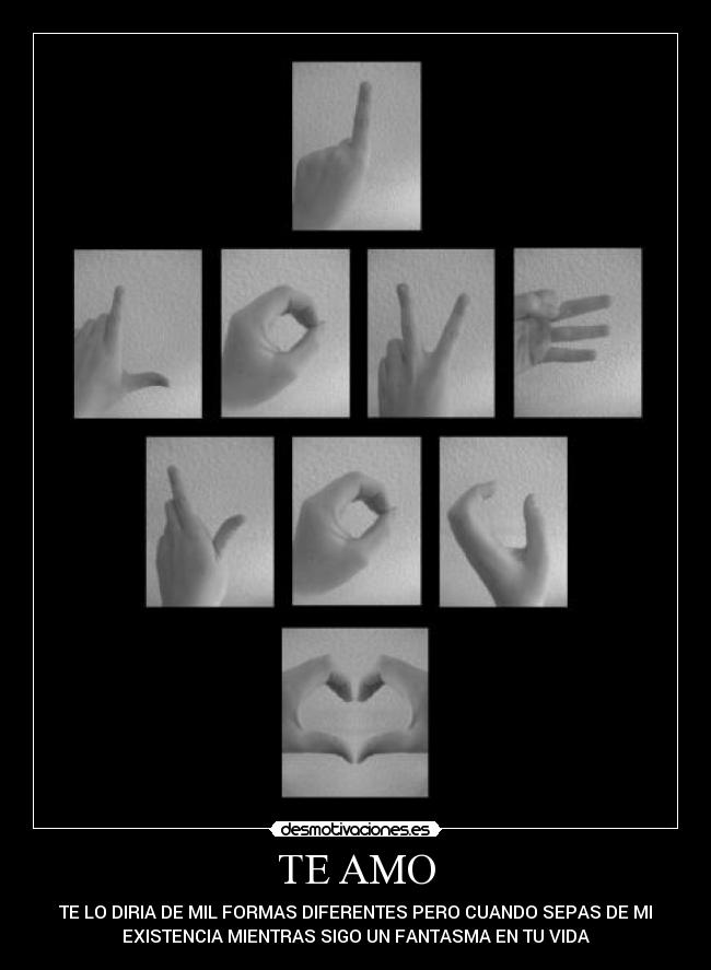 TE AMO - TE LO DIRIA DE MIL FORMAS DIFERENTES PERO CUANDO SEPAS DE MI
EXISTENCIA MIENTRAS SIGO UN FANTASMA EN TU VIDA