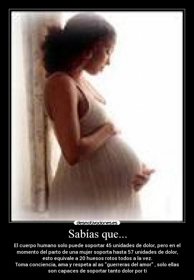 Sabías que... - El cuerpo humano solo puede soportar 45 unidades de dolor, pero en el
momento del parto de una mujer soporta hasta 57 unidades de dolor,
esto equivale a 20 huesos rotos todos a la vez.
Toma conciencia, ama y respeta al as guerreras del amor , solo ellas
son capaces de soportar tanto dolor por ti