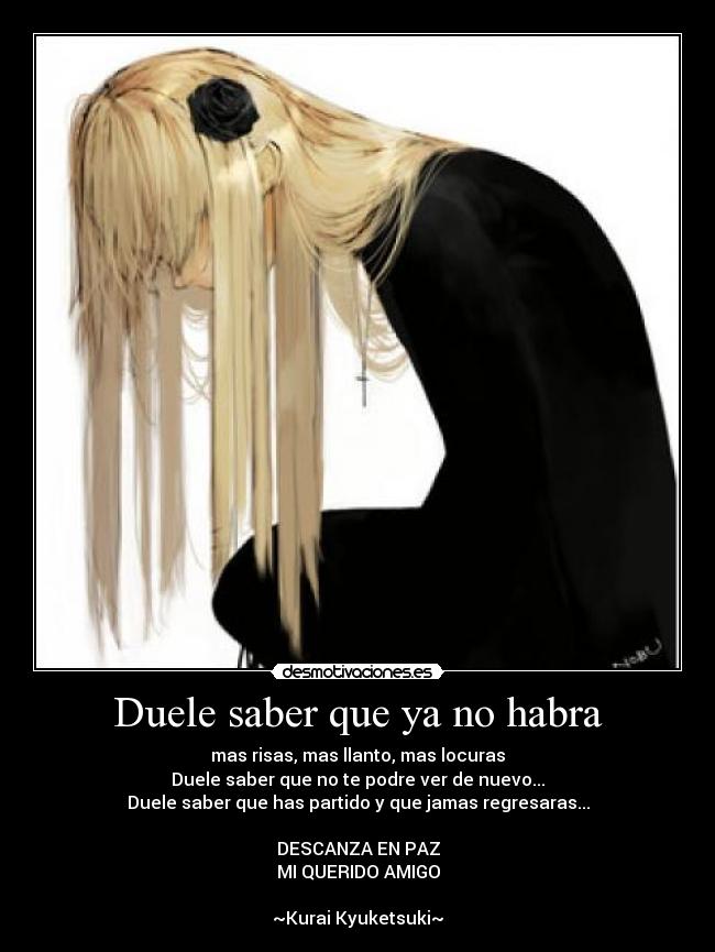 Duele saber que ya no habra - mas risas, mas llanto, mas locuras
Duele saber que no te podre ver de nuevo...
Duele saber que has partido y que jamas regresaras...

DESCANZA EN PAZ
MI QUERIDO AMIGO

~Kurai Kyuketsuki~