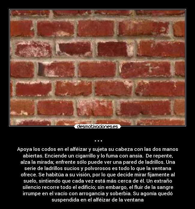 ... - Apoya los codos en el alféizar y sujeta su cabeza con las dos manos
abiertas. Enciende un cigarrillo y lo fuma con ansia.  De repente,
alza la mirada; enfrente sólo puede ver una pared de ladrillos. Una
serie de ladrillos sucios y polvorosos es todo lo que la ventana
ofrece. Se habitúa a su visión, por lo que decide mirar fijamente al
suelo, sintiendo que cada vez está más cerca de él. Un extraño
silencio recorre todo el edificio; sin embargo, el fluir de la sangre
irrumpe en el vacío con arrogancia y soberbia. Su agonía quedó
suspendida en el alféizar de la ventana