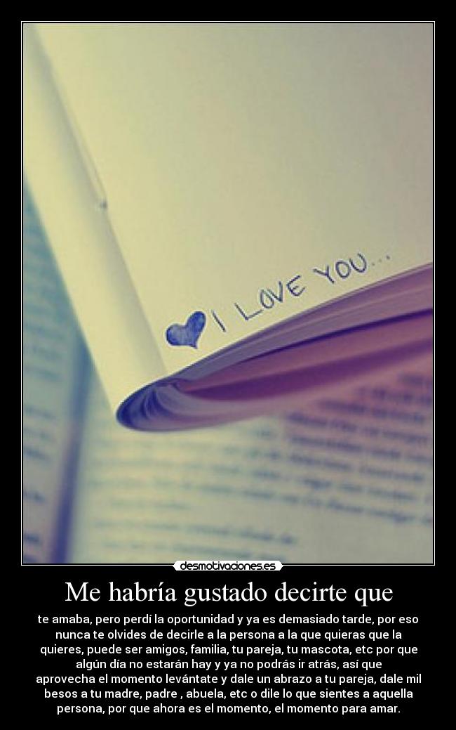 Me habría gustado decirte que - te amaba, pero perdí la oportunidad y ya es demasiado tarde, por eso
nunca te olvides de decirle a la persona a la que quieras que la
quieres, puede ser amigos, familia, tu pareja, tu mascota, etc por que
algún día no estarán hay y ya no podrás ir atrás, así que
aprovecha el momento levántate y dale un abrazo a tu pareja, dale mil
besos a tu madre, padre , abuela, etc o dile lo que sientes a aquella
persona, por que ahora es el momento, el momento para amar.