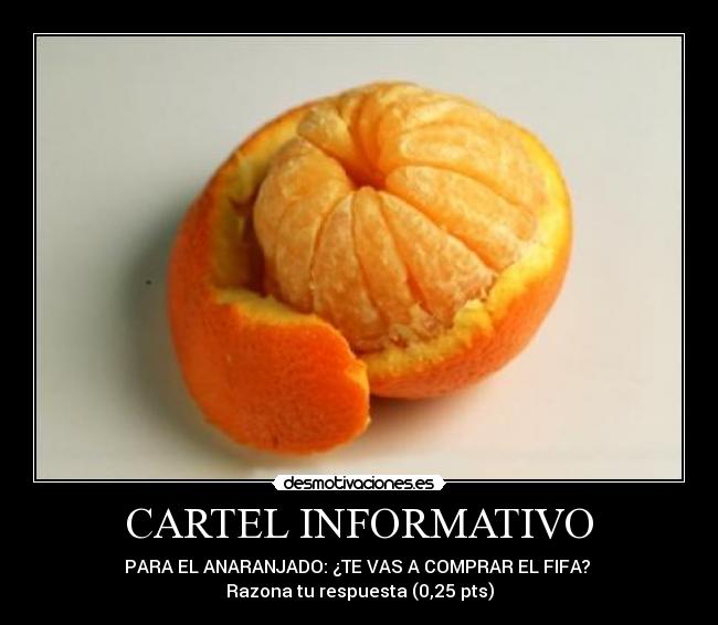 CARTEL INFORMATIVO - PARA EL ANARANJADO: ¿TE VAS A COMPRAR EL FIFA?
Razona tu respuesta (0,25 pts)