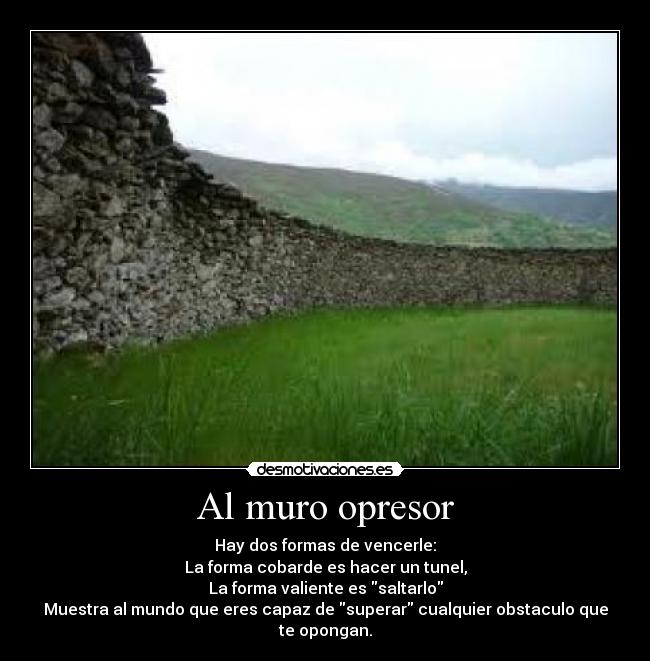 Al muro opresor - Hay dos formas de vencerle:
La forma cobarde es hacer un tunel,
La forma valiente es saltarlo
Muestra al mundo que eres capaz de superar cualquier obstaculo que te opongan.