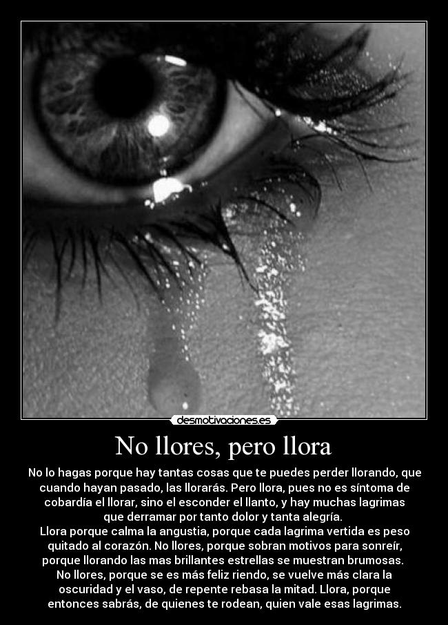 No llores, pero llora - No lo hagas porque hay tantas cosas que te puedes perder llorando, que
cuando hayan pasado, las llorarás. Pero llora, pues no es síntoma de
cobardía el llorar, sino el esconder el llanto, y hay muchas lagrimas
que derramar por tanto dolor y tanta alegría.
Llora porque calma la angustia, porque cada lagrima vertida es peso
quitado al corazón. No llores, porque sobran motivos para sonreír,
porque llorando las mas brillantes estrellas se muestran brumosas.
No llores, porque se es más feliz riendo, se vuelve más clara la
oscuridad y el vaso, de repente rebasa la mitad. Llora, porque
entonces sabrás, de quienes te rodean, quien vale esas lagrimas.