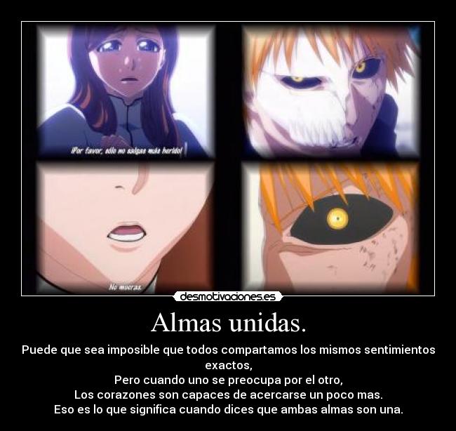 Almas unidas. - Puede que sea imposible que todos compartamos los mismos sentimientos exactos,
Pero cuando uno se preocupa por el otro,
Los corazones son capaces de acercarse un poco mas.
Eso es lo que significa cuando dices que ambas almas son una.