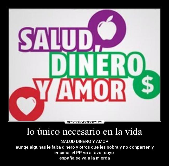 lo único necesario en la vida - SALUD DINERO Y AMOR
aunqe algunas le falta dinero y otros que les sobra y no conparten y
encima el PP va a favor suyo
españa se va a la mierda