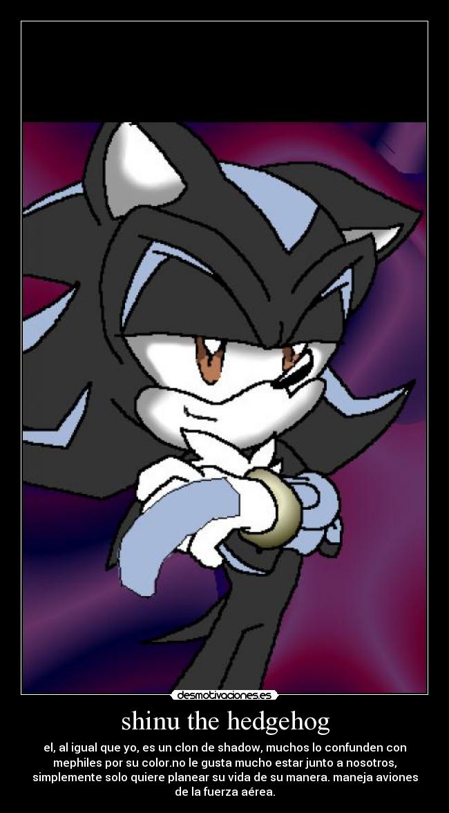 shinu the hedgehog - el, al igual que yo, es un clon de shadow, muchos lo confunden con
mephiles por su color.no le gusta mucho estar junto a nosotros,
simplemente solo quiere planear su vida de su manera. maneja aviones
de la fuerza aérea.