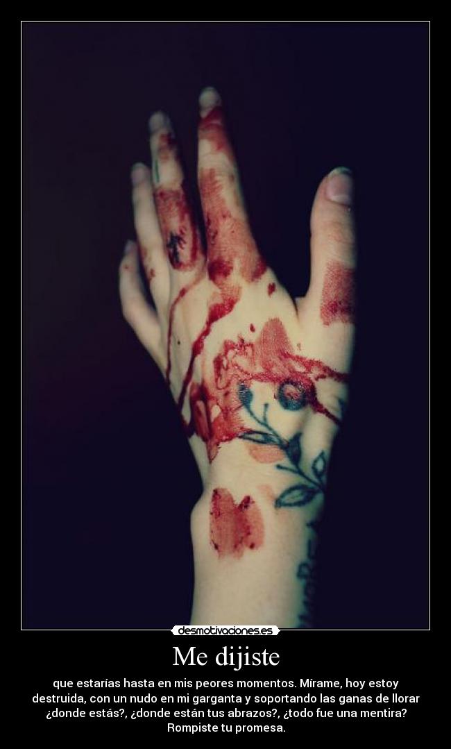 Me dijiste - que estarías hasta en mis peores momentos. Mírame, hoy estoy
destruida, con un nudo en mi garganta y soportando las ganas de llorar
¿donde estás?, ¿donde están tus abrazos?, ¿todo fue una mentira?
Rompiste tu promesa.