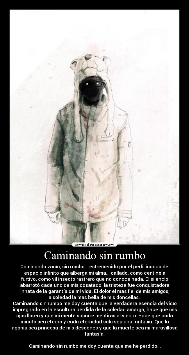 Caminando sin rumbo - Caminando vacío, sin rumbo... estremecido por el perfil inocuo del
espacio infinito que alberga mi alma... callado, como centinela
furtivo, como vil insecto rastrero que no conoce nada. El silencio
abarrotó cada uno de mis cosatado, la tristeza fue conquistadora
innata de la garantía de mi vida. El dolor el mas fiel de mis amigos,
la soledad la mas bella de mis doncellas.  
Caminando sin rumbo me doy cuenta que la verdadera esencia del vicío
impregnado en la escultura perdida de la soledad amarga, hace que mis
ojos lloren y que mi mente susurre mentiras al viento. Hace que cada
minuto sea eterno y cada eternidad solo sea una fantasia. Que la
agonia sea princesa de mis desdenes y que la muerte sea mi maravillosa
fantasía.

Caminando sin rumbo me doy cuenta que me he perdido...